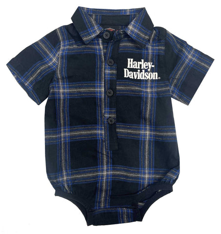 Harley-Davidson® Baby Boys' Brushed Newborn-Infant Plad Shirt Creeper - Black/Blue