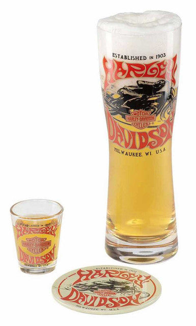 Harley-Davidson® 1970s Racer Pilsner & Shot Glass Gift Set w/Matching Tin Coaster - Part Number: HDL-18822