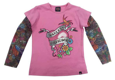 Harley-Davidson® Girls' Glittery Tee w/ Mesh Tattoo Sleeves -1020611