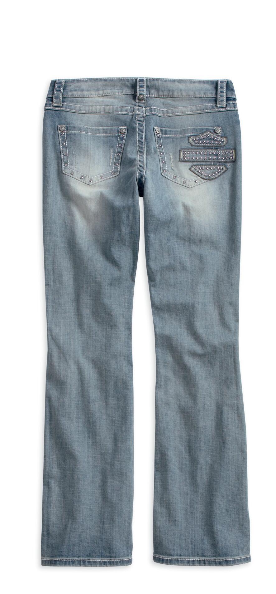 WOMEN'S BLUE DENIM STUDDED BAR & SHIELD LOGO LOW-RISE JEAN - 96143-14VW