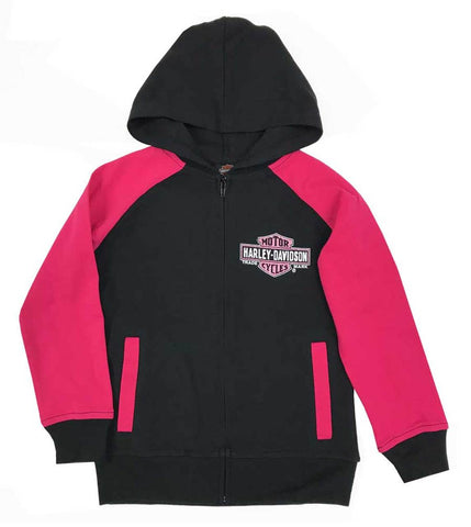 Harley-Davidson® Girls' Glittery B&S Knit Zippered Hoodie, Black & Pink - 6540921